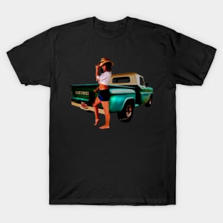 Green Pickup and the Cowgirl in Shorts T-Shirt